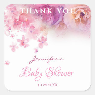 Baby Shower Elegant Flowers Roses Watercolor Art Square Sticker