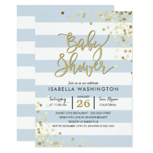 Baby Shower | Elegant Gold Confetti & Blue Stripes Card