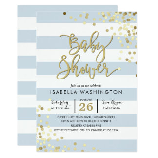 Baby Shower | Elegant Gold Confetti & Blue Stripes Card