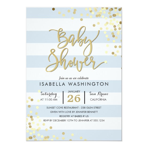 Baby Shower | Elegant Gold Confetti & Blue Stripes Invitation