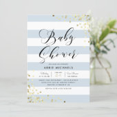 Baby Shower | Elegant Gold Confetti & Blue Stripes Invitation (Standing Front)