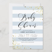 Baby Shower | Elegant Gold Confetti & Blue Stripes Invitation (Front)