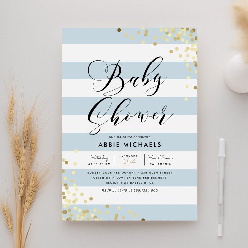 Baby Shower  Elegant Gold Confetti  Blue Stripes Invitation