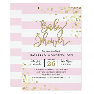 Baby Shower | Elegant Gold Confetti & Pink Stripes Card