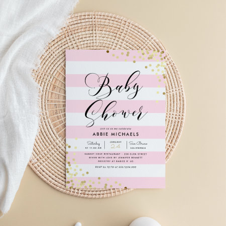 Baby Shower | Elegant Gold Confetti & Pink Stripes Invitation