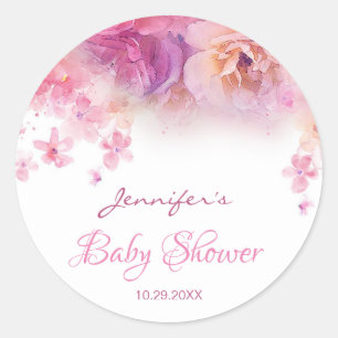 Baby Shower Elegant Hand Script Watercolor Flowers Classic Round Sticker