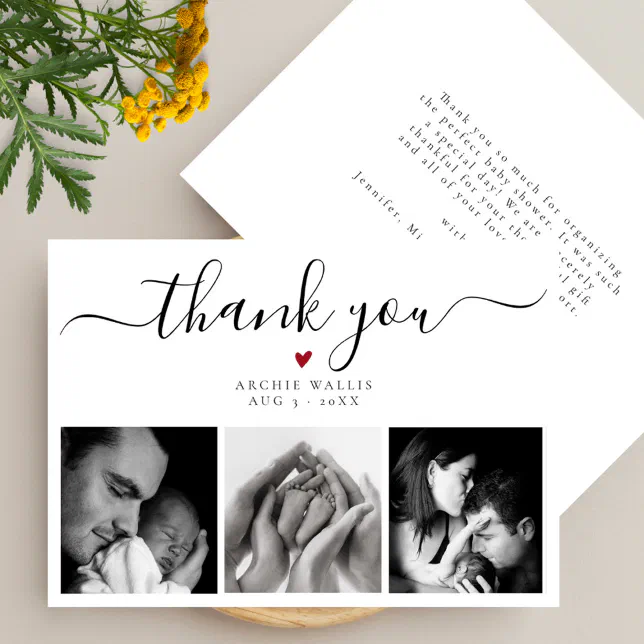 Baby Shower Elegant Script Minimal Photo Collage Thank You Card | Zazzle