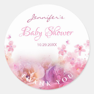 Baby Shower Elegant Script Watercolor Flowers Rose Classic Round Sticker