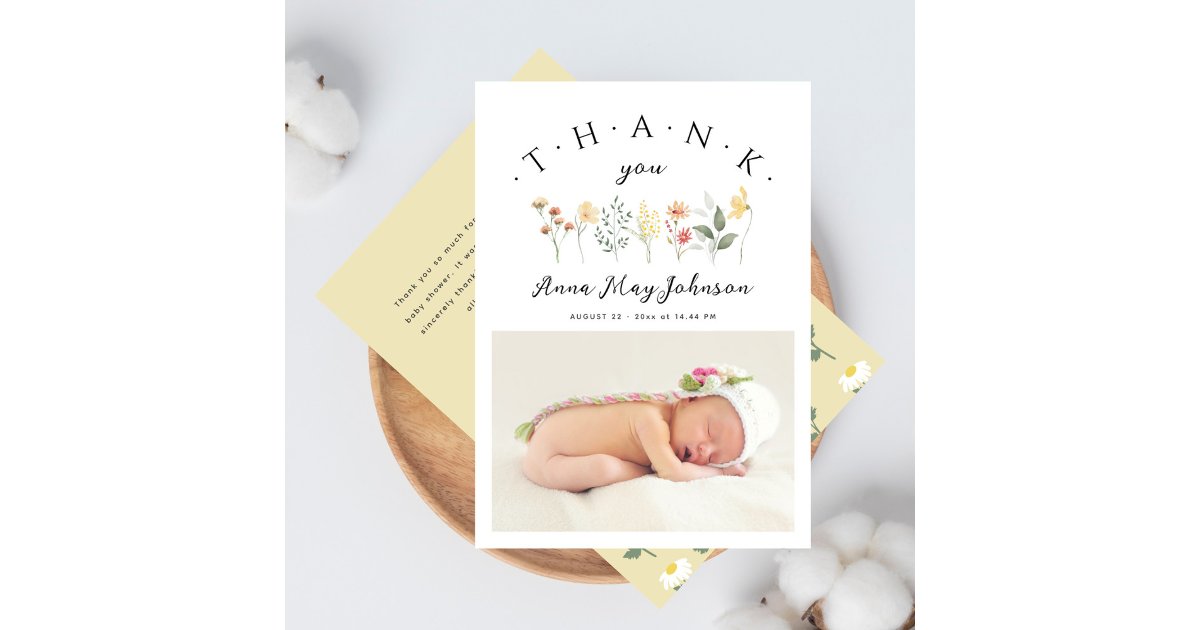 Baby Shower Elegant Script Wildflower Photo Thank You Card | Zazzle