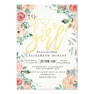 Baby Shower Elegant Watercolor Floral Gold Script Card