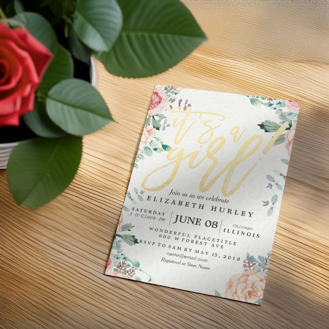 Baby Shower Elegant Watercolor Floral Gold Script Invitation (Creator Uploaded)