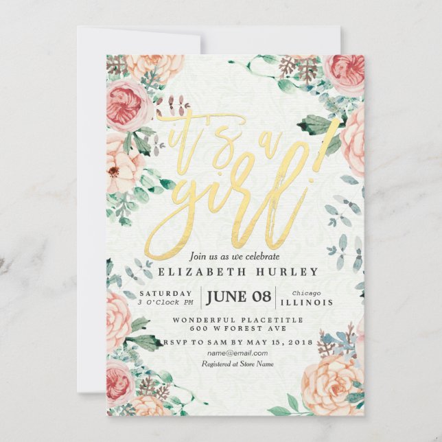 Baby Shower Elegant Watercolor Floral Gold Script Invitation (Front)