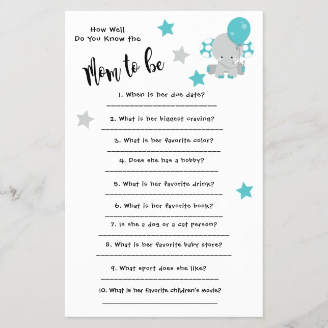 Baby Shower Elephan How well you know the card Flyer (Front)