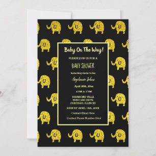 Baby Shower Elephant Animal Gold Glitter Black Invitation