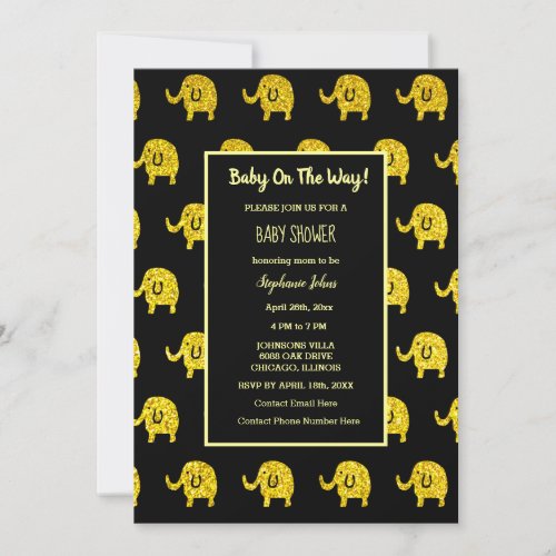 Baby Shower Elephant Animal Gold Glitter Black Invitation