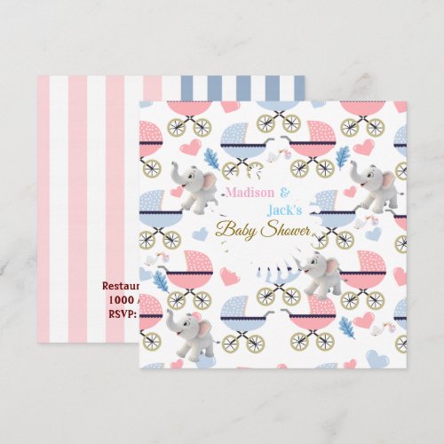 Baby Shower Elephant Baby StrollerCard Invitation 