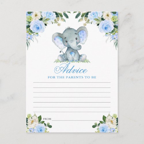 Baby Shower Elephant Blue Floral Advice Card