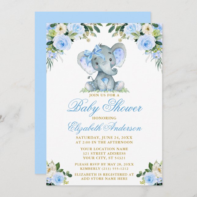 Baby Shower Elephant Bow Blue Floral Gold Invitation (Front/Back)