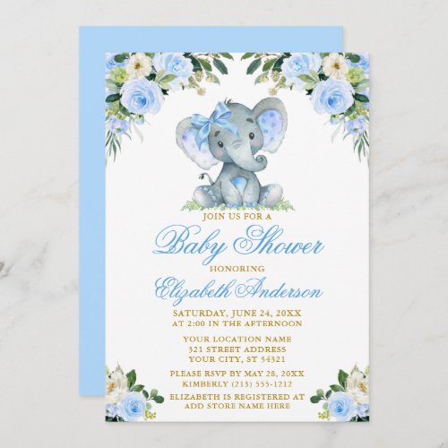 Baby Shower Elephant Bow Blue Floral Gold Invitation