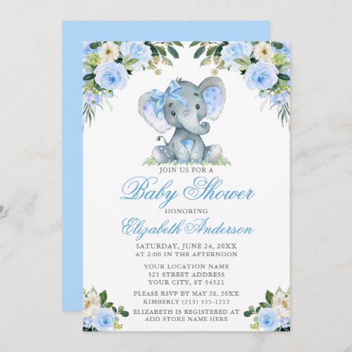 Baby Shower Elephant Bow Blue Floral Silver Invitation