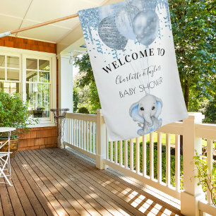 Baby Shower elephant boy balloons blue white House Flag