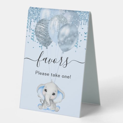 Baby Shower elephant boy blue balloons favors Table Tent Sign