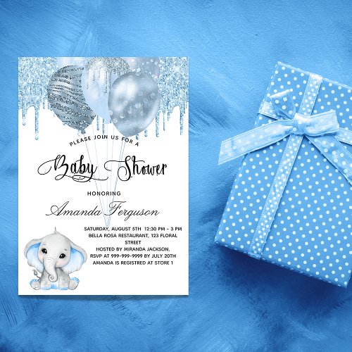 Baby Shower elephant boy blue balloons Invitation Postcard