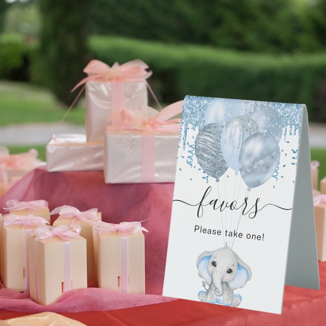 Baby Shower elephant boy blue balloons white favor Table Tent (Creator Uploaded)