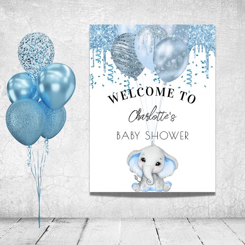 Baby Shower elephant boy blue white balloons Poster