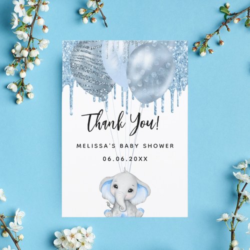 Baby Shower elephant boy blue white thank you card