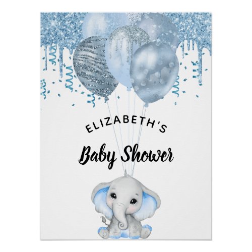Baby Shower elephant boy light blue white balloons Poster