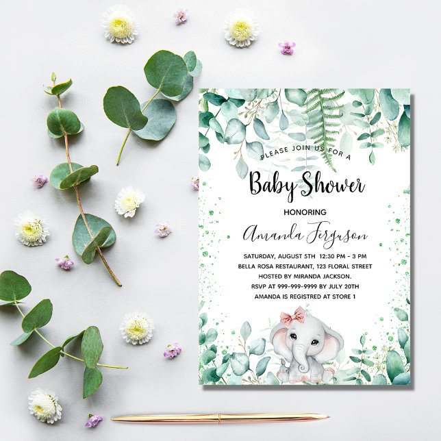 Baby Shower elephant eucalyptus greenery girl Invitation (Creator Uploaded)