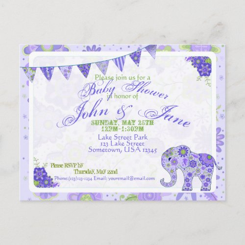 Baby Shower Elephant Flowers Purple Invitation Postcard