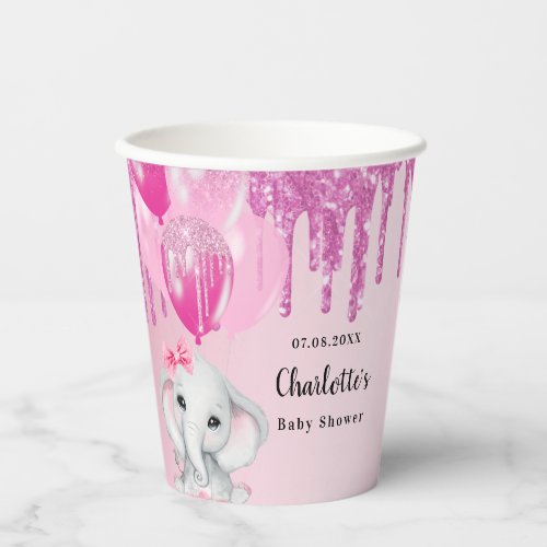 Baby Shower elephant girl pink glitter drips Paper Cups
