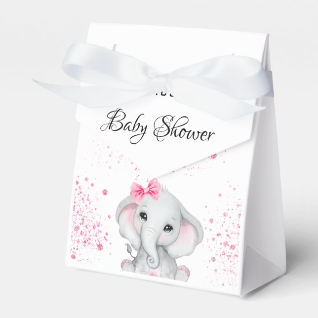 Baby Shower elephant girl pink glitter white Favor Boxes (Front Side)