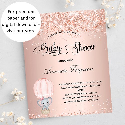Baby Shower elephant girl rose budget invitation