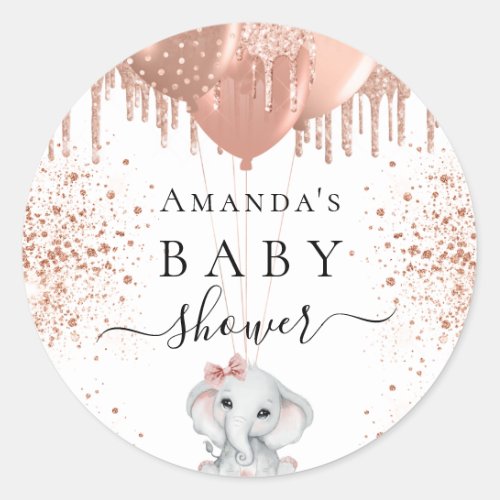 Baby Shower elephant girl rose gold glitter Classic Round Sticker