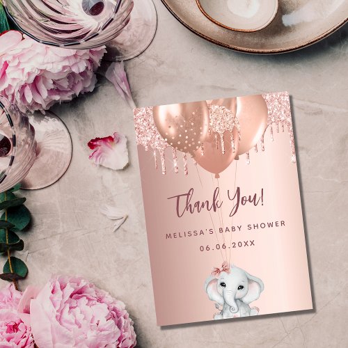 Baby Shower elephant girl rose gold thank you card