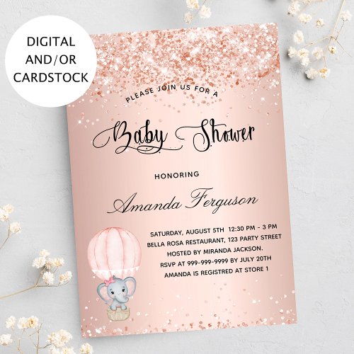 Baby Shower elephant girl rose hot air balloon Invitation