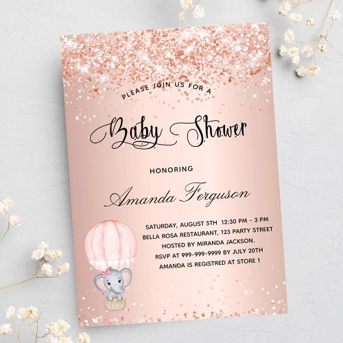 Baby Shower elephant girl rose hot air balloon Invitation Postcard