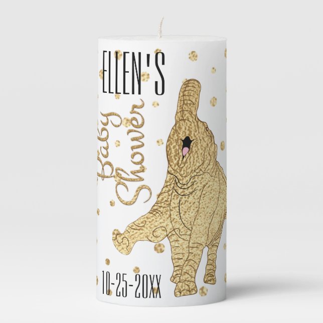 Baby Shower Elephant Gold Pillar Candle (Front)