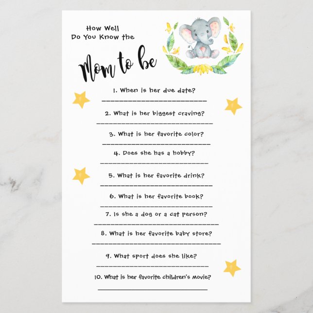 Baby Shower Elephant How well you know the card Flyer (Front)