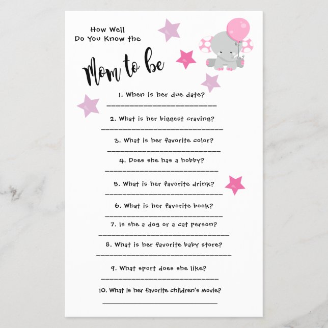 Baby Shower Elephant How well you know the card Flyer (Front)
