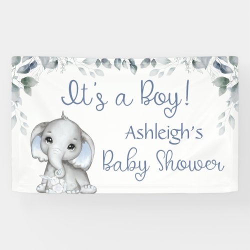 Baby Shower Elephant ITS A BOY Botanical Blue Banner