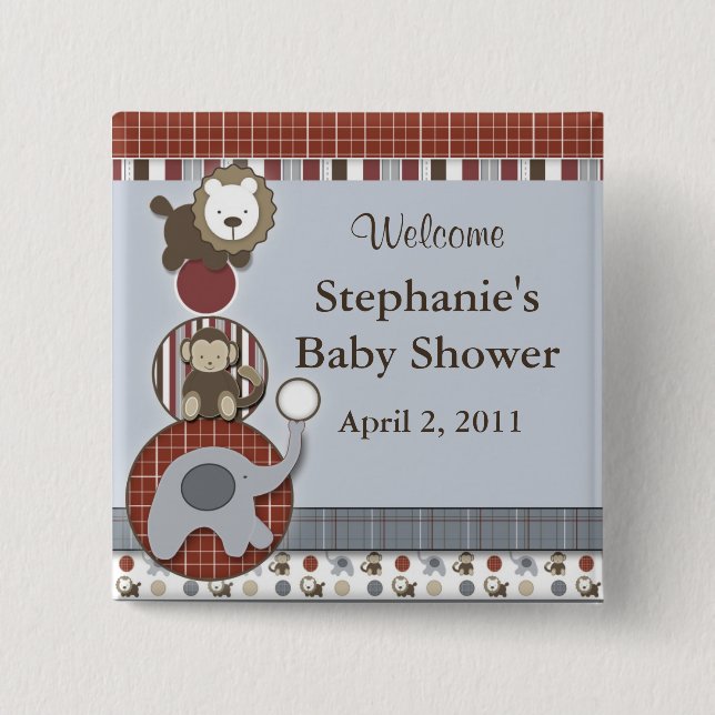 Baby Shower Elephant Monkey & Lion Button (Front)