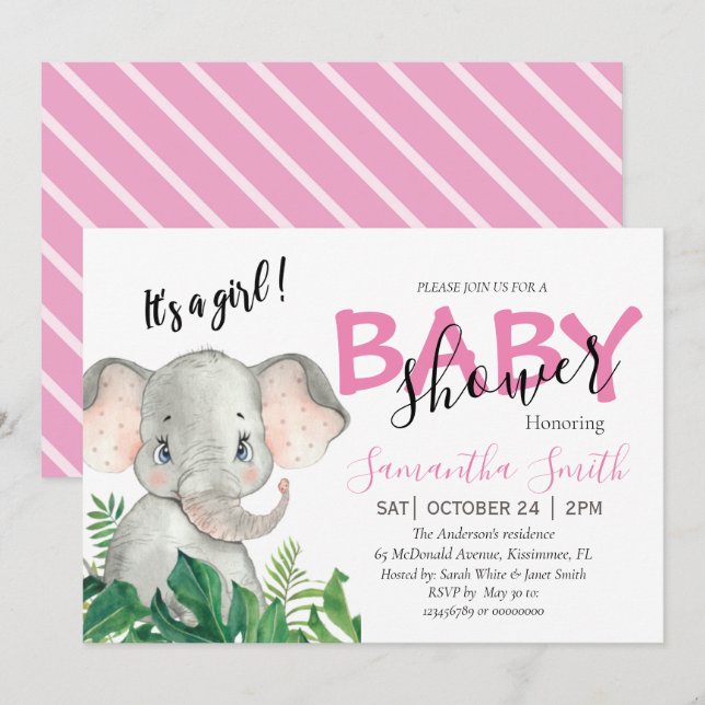 Baby Shower Elephant pink Announcement (Front/Back)