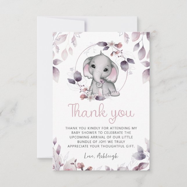 Baby Shower Elephant Pink Violet Thank You Card (Front)