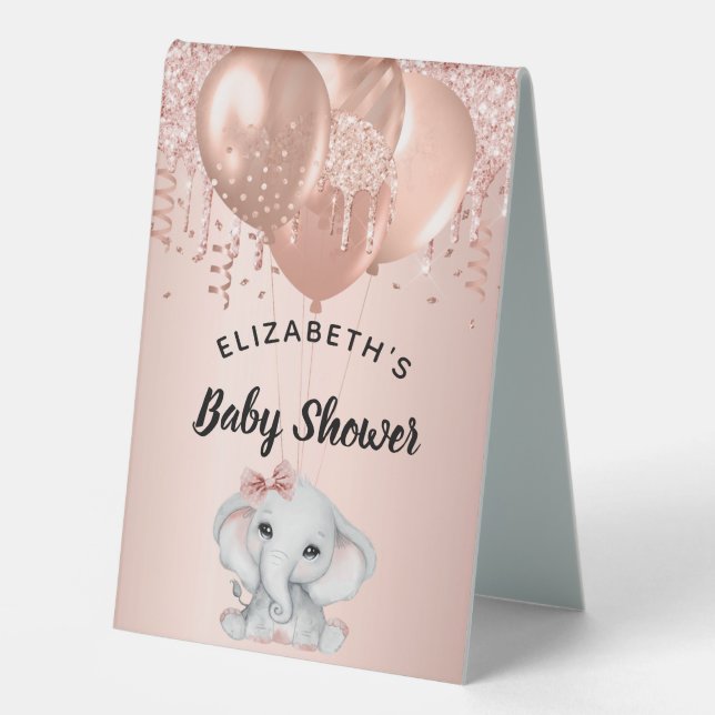 Baby Shower elephant rose gold balloons girl Table Tent (Front)