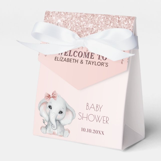 Baby Shower elephant rose gold blush pink glitter Favor Boxes (Front Side)