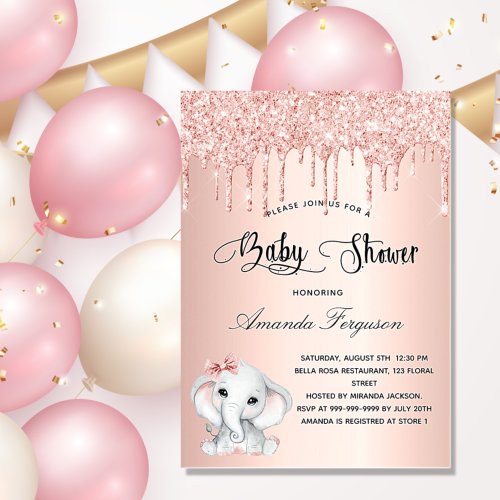 Baby Shower elephant rose gold girl glitter drips Invitation